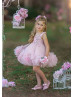 Pink Embroidered Lace Ombre Tulle Pompoms Flower Girl Dress